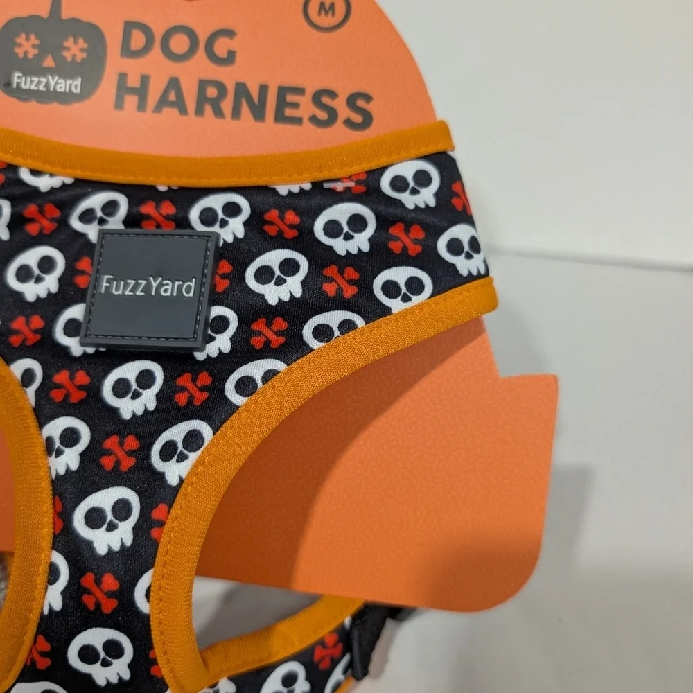 NWT FuzzYard Halloween Skulss Orange, White & Black Dog Harness in Size Medium